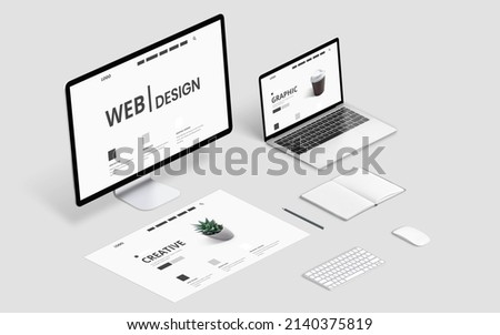 Isometric web design studio desk with computer display, laptop and concept page layout
