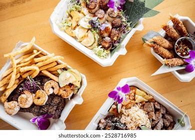 isplay of assorted gourmet takeout dishes artfully arranged on a wooden table. Each biodegradable container holds a different dish, from grilled shrimp and fries to mixed greens topped. - Powered by Shutterstock