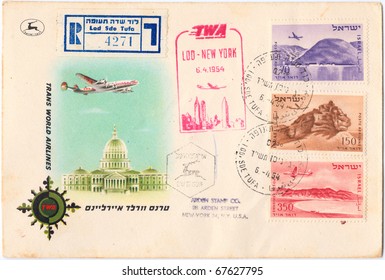 ISRAEL - CIRCA 1954: A Vintage Used Israeli Envelope (campaign Poster) And Stamps Showing A Plane And Big Ben Tower With Inscription 