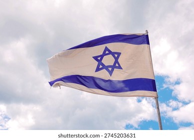 Israel Flag Waving Dramatic Lowangle View Blue White. National Symbol Patriotic Scene