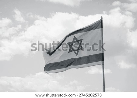 Israel Flag Waving Dramatic Lowangle View Blackwhite. National Symbol Patriotic Scene