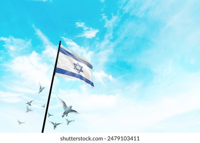 Israel flag waving with flying doves against sunset or sunrise. Israel flag for Republic Day and Independence Day. - Powered by Shutterstock