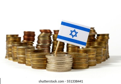 Israel Flag Waving With Stack Of Money Coins