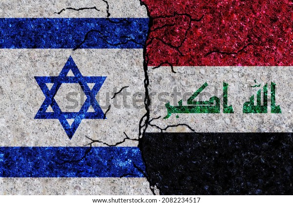 Israel and Iraq painted flags on a wall with\
grunge texture. Israel and Iraq conflict. Iraq and Israel flags\
together. Iraq vs Israel