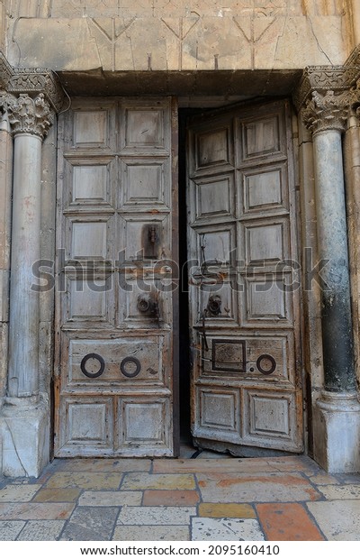 Israel Jerusalem - Church of the\
Holy Sepulcher - Church of the Apocalypse - Wooden Engraved\
Door\
