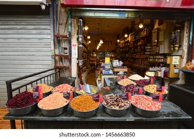 Israel, Jerusalem. July 08, 2019 : Different shredded dried fruits in a shop in the Mahane Yehuda market.