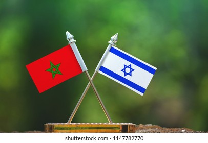 Israel And Morocco Small Flag With Blur Green Background