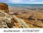 Israel. New highway around the crater. Ramon Crater "Makhtesh Ramon" is an erosion crater in the Negev Desert. The morning after the starfall. 