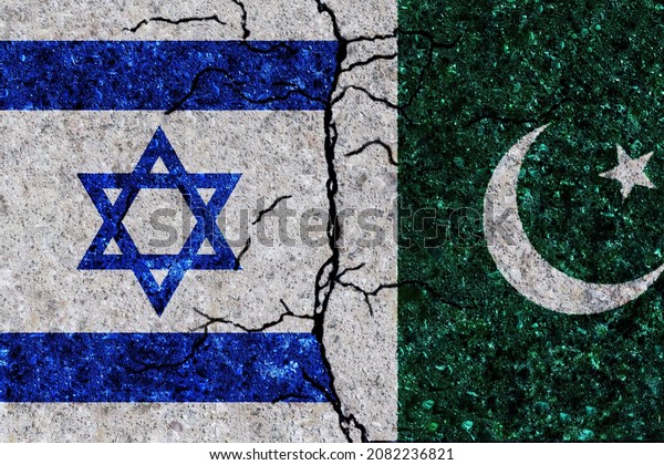 Israel and Pakistan painted flags on a wall\
with grunge texture. Israel and Pakistan conflict. Pakistan and\
Israel flags together. Pakistan vs\
Israel