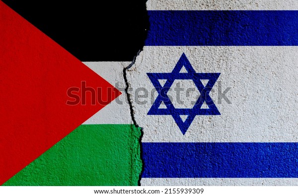 Israel and\
Palestine flags on broken cracked\
wall.