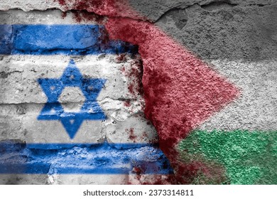 Israel and Palestine. Gaza. Global war.Israel and Palestine. Gaza. Global war.Israeli and Palestinian flags on a brick wall with blood splatters. International conflict and the fight against terrorism