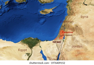 Israel And Palestine Map In Satellite Photo, Flat View Of Israeli-Palestinian Conflict Territory From Space. Detailed Middle East Map With Israel Borders. Elements Of This Image Furnished By NASA.