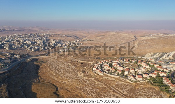 Israel and Palestine town divided by\
wall, aerial\
 refugees camp, Jerusalm\
israel\
