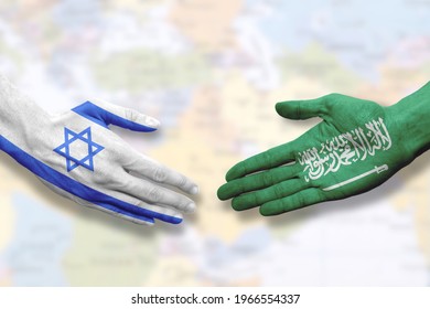 Israel And Saudi Arabia - Flag Handshake Symbolizing Partnership And Cooperation