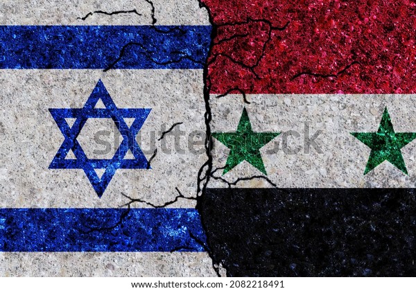 Israel and Syria painted flags on a wall with\
grunge texture. Israel and Syria conflict. Syria and Israel flags\
together. Syria vs\
Israel