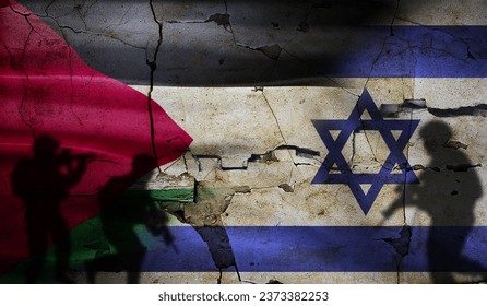 Israel vs Palestine conflict on cracked wall. Palestine vs Israel soldiers silhouette. War between Palestine and Israel - Shutterstock ID 2373382253