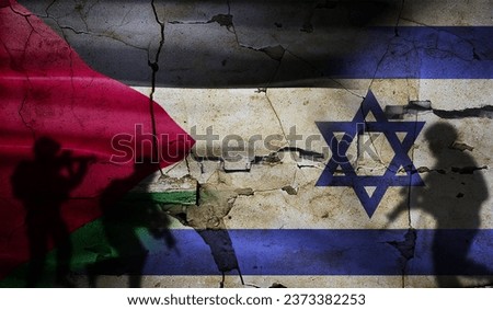 Israel vs Palestine conflict on cracked wall. Palestine vs Israel soldiers silhouette. War between Palestine and Israel