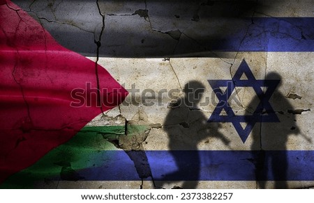 Israel vs Palestine flag on cracked wall. Palestine and Israel war concept, silhouette of soldiers in Palestine vs Israel