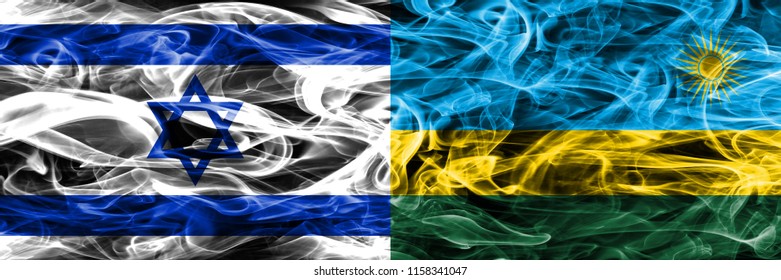 Israel Vs Rwanda Smoke Flags Placed Side By Side. Israeli And Rwanda Flag Together