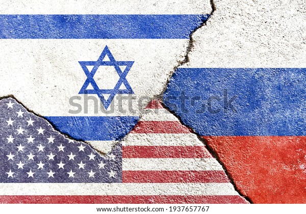Israel VS USA VS Russia national flags icon on\
broken weathered wall with cracks, abstract Middle East Israel US\
Russia politics relationship conflicts concept pattern texture\
background wallpaper
