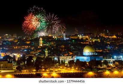 Israeli Independence Day Fireworks In The Night Sky Over Jerusalem