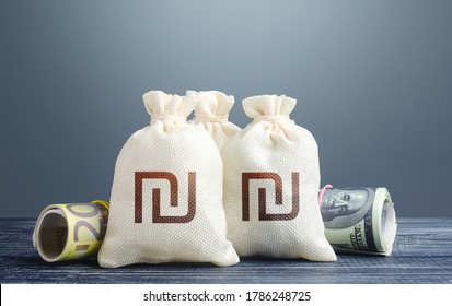 Israeli shekel money bags and cash. National gold and foreign exchange reserve. Capital Investments. Economy monetary policy. Trade development. Financial resources, grants, project financing.