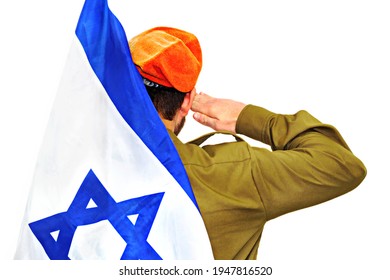 Israeli Soldier With Israel Flag Salutes In An Orange Beret. White Isolated Background