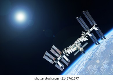 Iss above the earth against the backdrop of the planet. Elements of this image furnished by NASA. High quality photo