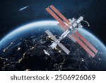 The ISS flies near blue night planet Earth. Space mission and space exploration. Communications and technologies in Earth orbit