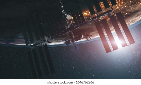 ISS with solar panel discovery Earth atmosphere. Camera zooming in International Space Station modul against realistic planet. Globe rotating. 3d animation. Element of this image furnished by NASA - Powered by Shutterstock