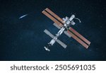 ISS space station flies in starry space and explores deep space. Space mission and ISS. Communication and technology. Science, concept