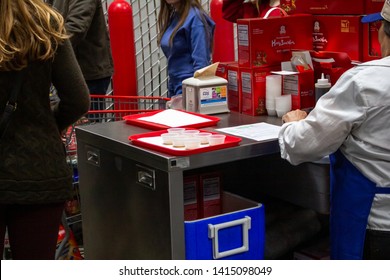 Issaquah, Washington/United States - 04/27/2019: An Example Of Sample Carts All Around A Costco Grocery Store