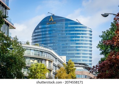 Issy-les-Moulineaux, France - September 2021 : Accor S.A Headquarters Building, A French Multinational Hospitality Company That Owns, Manages And Franchises Hotels, Resorts And Vacation Properties