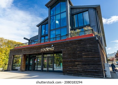 Issy-les-Moulineaux, France - September 2021: Front Of The Cafeteria Of The Sodexo Headquarters, A French Food Services And Facilities Management Company, Near Paris, France