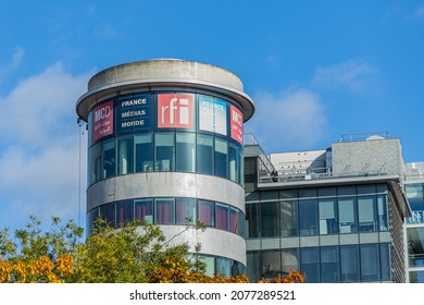Issy-les-Moulineaux, France - September 2021 : RFI (Radio France Internationale), TV5 Monde, France 24 headquarters building and studios in Issy les Moulineaux, France