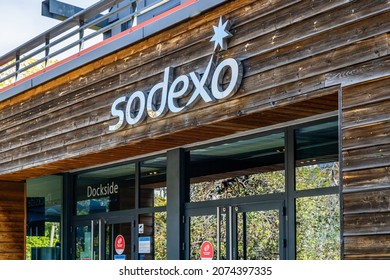 Issy-les-Moulineaux, France - September 2021: Sodexo Logo On The Front Of The Cafeteria Of The Sodexo Headquarters, A French Food Services And Facilities Management Company, Near Paris, France