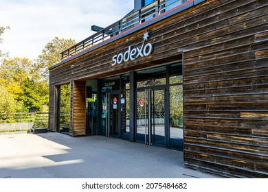 Issy-les-Moulineaux, France - September 2021: Sodexo Logo On The Front Of The Cafeteria Of The Sodexo Headquarters, A French Food Services And Facilities Management Company, Near Paris, France