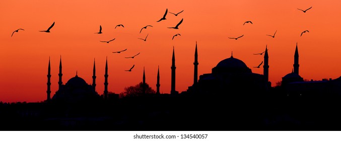 Istambul Skyline At Sunset.Panoramic Composition.