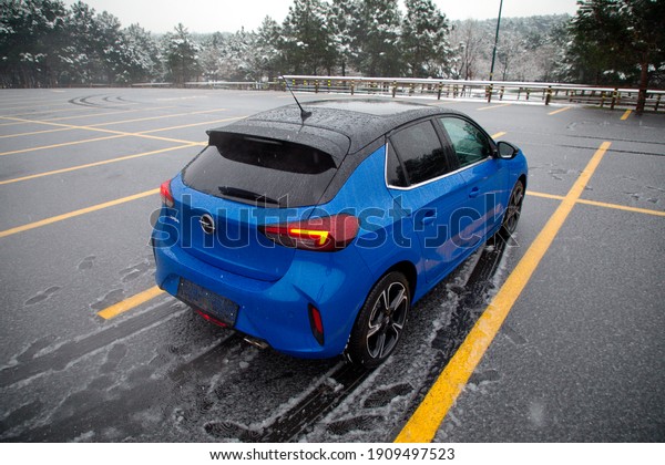 ISTANBUL, 04 FEBRUARY\
2021: A winter day, at the new Opel Corsa F, the PSA CMP EMP1\
platform, the 6th generation Corsa produced by Opel, the 2020 model\
year super mini car.