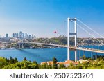 Istanbul Bosphorus Bridge or 15th July Martyrs Bridge with Istanbul panorama cityscape during summer sunny day. Istanbul, Turkiye