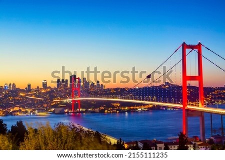 Istanbul Bosphorus Bridge or 15th July Martyrs Bridge at sunset. Istanbul, Turkey