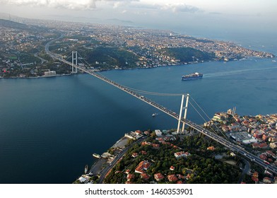 Istanbul Bosphorus And Bosphorus Bridge Aerial View. Ship Crossing