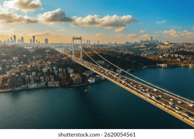 Istanbul Bosphorus Bridge (July 15 Martyrs Bridge). Aerial view of one side of the Bosphorus Bridge with a drone on a cloudy day. Unique view of Istanbul. Turkiye.
