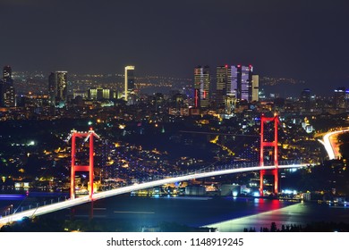 Istanbul Bosphorus Bridge at night. 15th July Martyrs Bridge. Night view from Camlica Hill. Istanbul, Turkey.