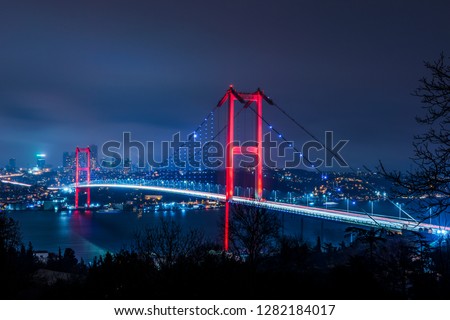 Istanbul Bosphorus Bridge at night. 15th July Martyrs Bridge (15 Temmuz Sehitler Koprusu). Istanbul, Turkey.