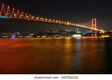 Istanbul Bosphorus Red Illuminated Bridge And Night View