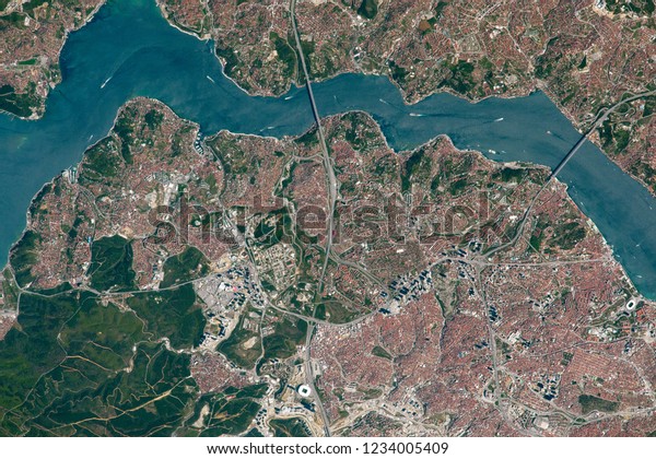 Istanbul, Bosphorus seen from space, satellite view.\
Istanbul bridge a view from space, above. Istanbul, strait of the\
Bosporus from the\
sky.