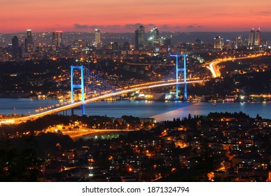 Istanbul Bosphorus and suspension bridge at colorful sunset