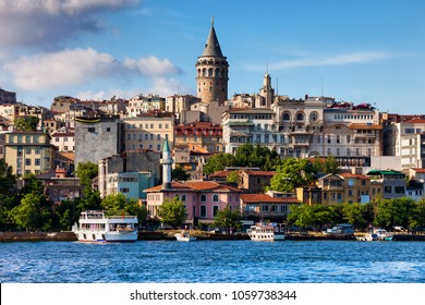 Istanbul city skyline in Turkey, Beyoglu district old houses with Galata tower on top, view from the Golden Horn.