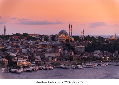 Istanbul city of sunset citycape is beautiful scenery of summer with lifestyle travel, tourism and vacation in Istanbul town buildings .Turkey. 